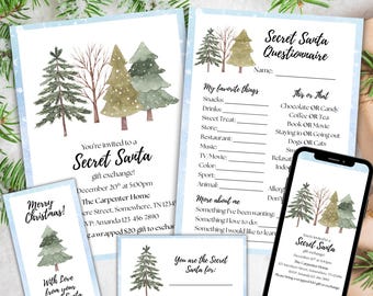 May include: A set of Secret Santa stationery, including invitations, questionnaires, gift tags, and a phone displaying the invitation. The designs feature watercolour illustrations of Christmas trees and winter foliage.