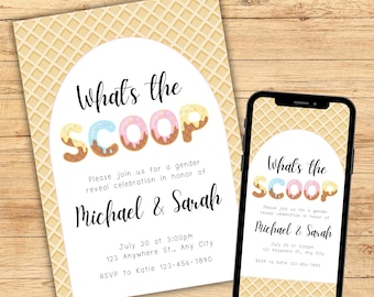 Was ist die Schaufel Gender Reveal Einladung Digital, Ice Cream Themed Gender Reveal Party einladen, Er oder Sie bearbeitbare Canva Vorlage Rosa Blau