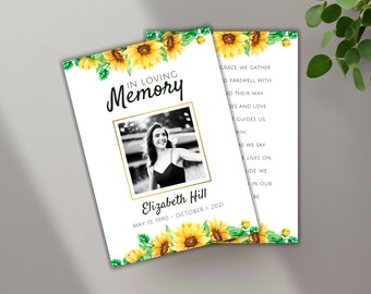 Editable Sunflower Funeral Prayer Card Template, Funeral Poem Card, Fall Autumn Funeral, Celebration of Life, Printable Memorial Card