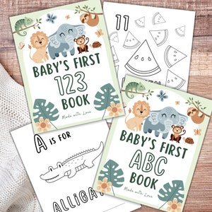 May include: Two printable coloring book covers with jungle animal illustrations. The first cover features a lion, elephant, monkey, and sloth. The text reads "Baby's First 123 Book, Made with Love". The second cover features a lion, elephant, monkey, and sloth. The text reads "Baby's First ABC Book, Made with Love".