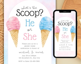 Eiscreme Gender Reveal Einladung: Er oder Sie, Pink & Blau (Digital, Canva Template)