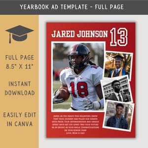 High School Senior Yearbook Ad Football Template, Editable Full Page Yearbook Ad Layout, Graduation Tribute, Personalized Senior Tribute