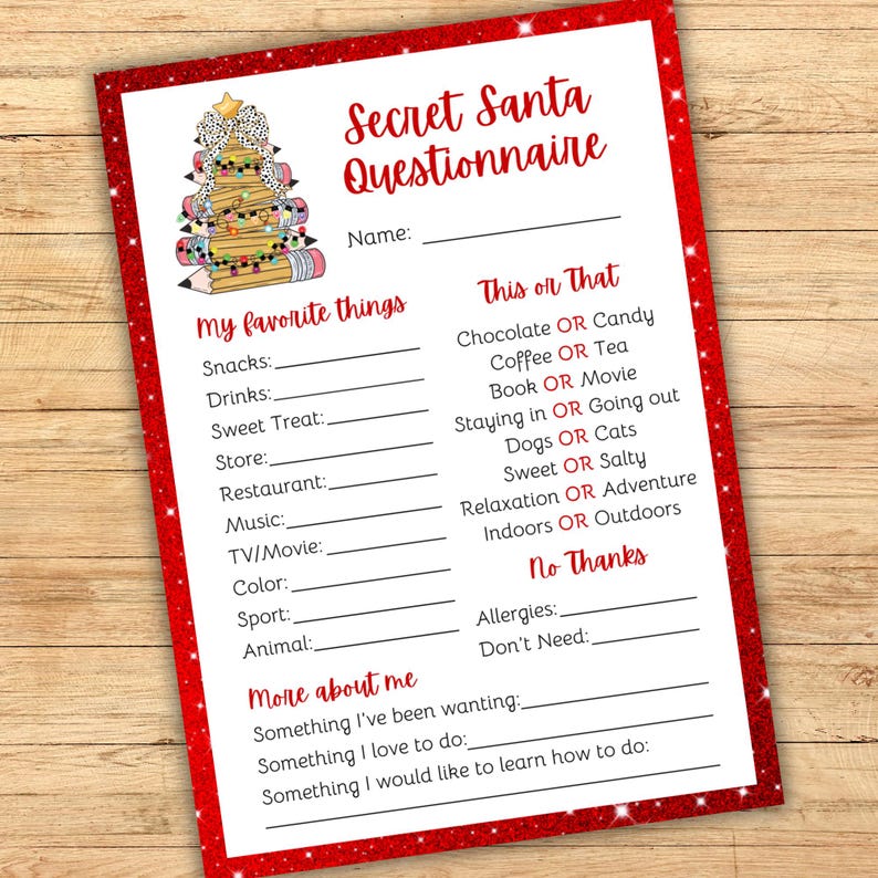 Printable Secret Santa Questionnaire Teachers Christmas Party Gift Printable Secret Santa Questionnaire Teachers Christmas Party Gift