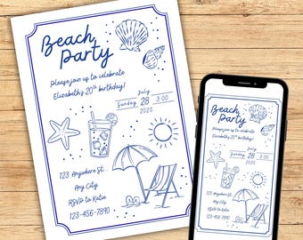 Verjaardagsuitnodiging strand: kustkrabbelfeest, bewerkbare sjabloon (digitale download)