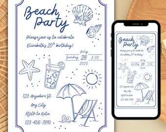 Verjaardagsuitnodiging strand: kustkrabbelfeest, bewerkbare sjabloon (digitale download)