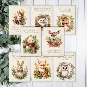 Cartões de Natal de animais da floresta de inverno para férias, cartões de Natal para impressão para amigos e familiares, conjunto de cartões de felicitações de animais da floresta para férias