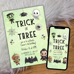 Invitación de cumpleaños de Halloween de Trick or Three, invitación de tercer cumpleaños para niños, fiesta de fantasmas de Halloween, celebración personalizada y espeluznante del tercer cumpleaños
