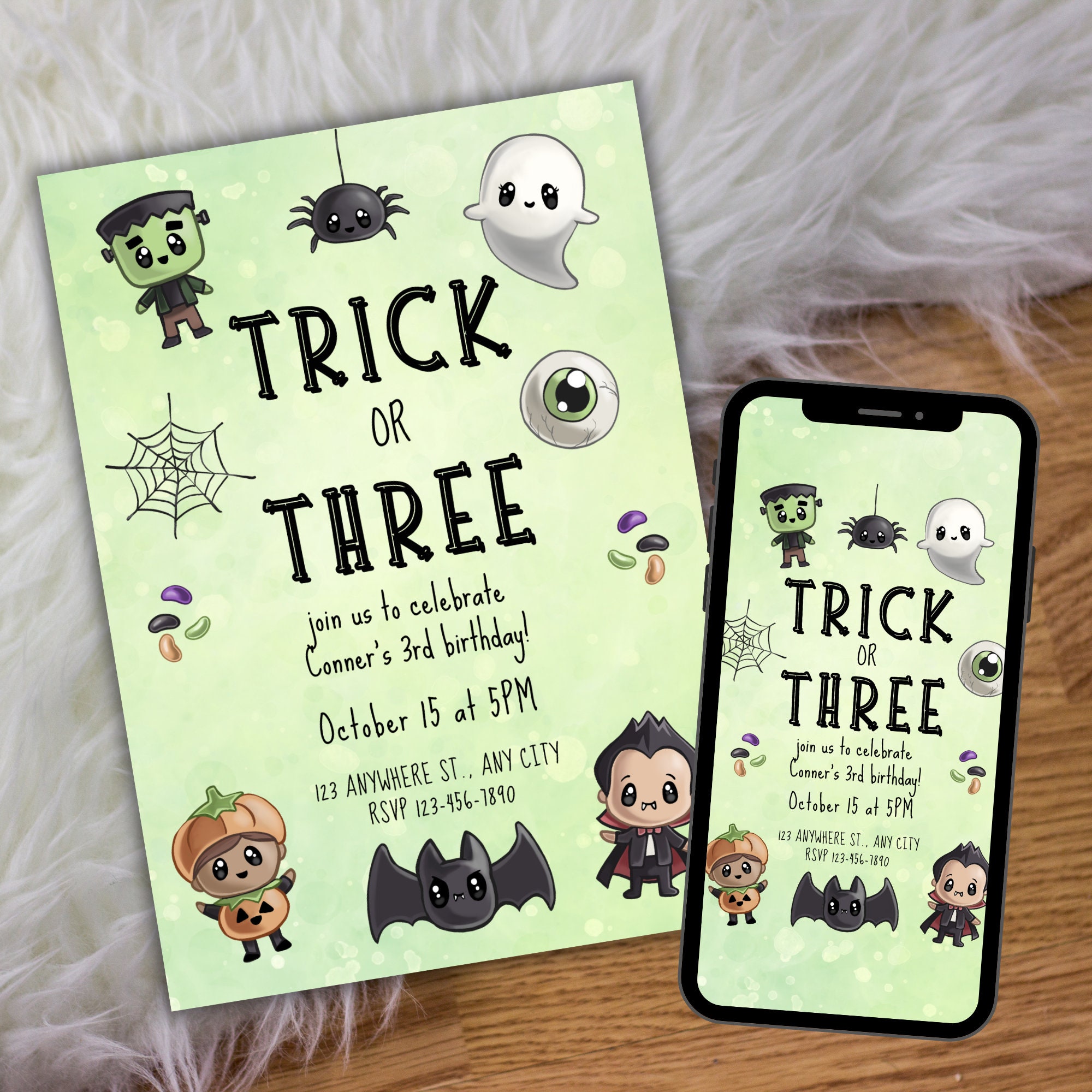 Trick or Three Halloween Birthday Invitation, Third Birthday Invite for Boys, Halloween Ghost Party, Custom Spooky 3rd Birthday Celebration