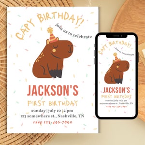 Capybara Birthday Invitation, Capy Birthday Invite Printable, Cute Animal Birthday Invitation Canva Template, Capybara First Birthday Invite