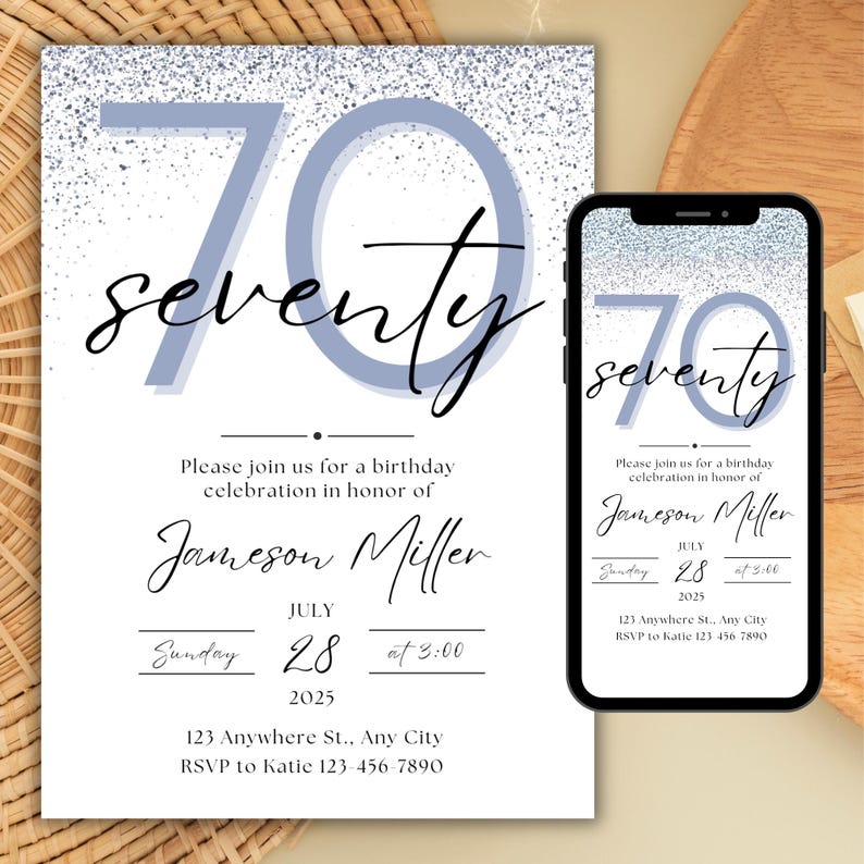 May include: A digital invitation for a 70th birthday celebration. The design features the word "seventy" and the number "70" in a soft blue hue, with the name "Jameson Miller" and event details. The invitation is displayed on a smartphone.