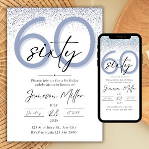 60th Birthday Invitation for Him, Editable 60th Birthday Invitation Template Male, Custom Printable Sixtieth Digital Birthday Party Invite