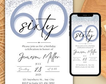 60th Birthday Invitation for Him, Editable 60th Birthday Invitation Template Male, Custom Printable Sixtieth Digital Birthday Party Invite