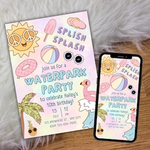 Waterpark Birthday Party Invitation Canva, Retro Summer Birthday Invite, Splish Splash Birthday Invite Pool Party, Editable Summer Bday
