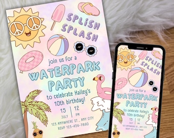Waterpark Birthday Party Invitation Canva, Retro Summer Birthday Invite, Splish Splash Birthday Invite Pool Party, Editable Summer Bday