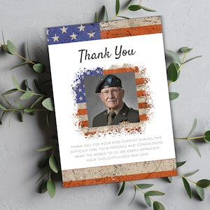 Carte de remerciement pour funérailles de vétéran avec photo, modèle de carte de remerciement personnalisé pour funérailles militaires, carte commémorative personnalisée imprimable et modifiable