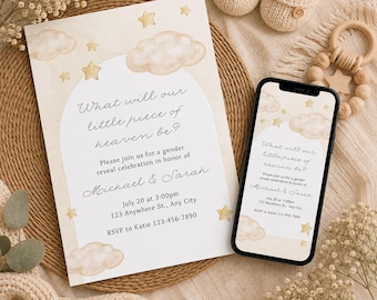 May include: A gender reveal invitation card and a smartphone displaying the same invitation design, featuring watercolor clouds and stars in beige tones with the text What will our little piece of heaven be? for Michael and Sarah on July 20.