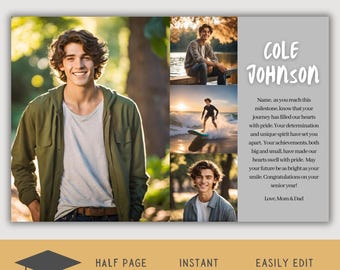 Editable Half Page Yearbook Ad Layout, High School Senior Yearbook Ad Template, Graduation Tribute, Personalized Photo Collage School Ad