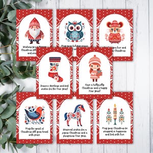 Biglietti di auguri di Natale scandinavi stampabili, biglietti di auguri di arte popolare finlandese, set di biglietti di auguri di Natale nordici per amici e familiari
