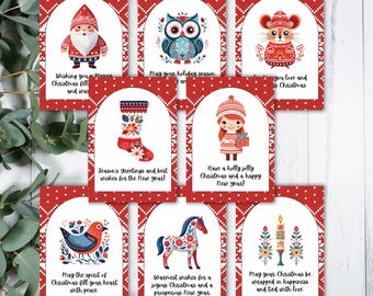 Cartes de Noël scandinaves à imprimer, cartes de vœux d'art populaire finlandais, lot de cartes de voeux de Noël des bois nordiques pour amis et famille