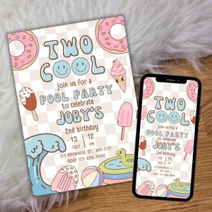 Two Cool Pool Party Birthday Invitation, Retro Pool Party for 2nd Birthday Invitation, Summer Checkered Birthday Party Invite Template
