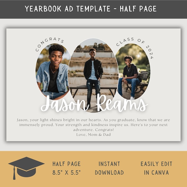 Editable Half Page Yearbook Ad Layout, High School Senior Yearbook Ad Template, Graduation Tribute, Personalized Photo Collage School Ad