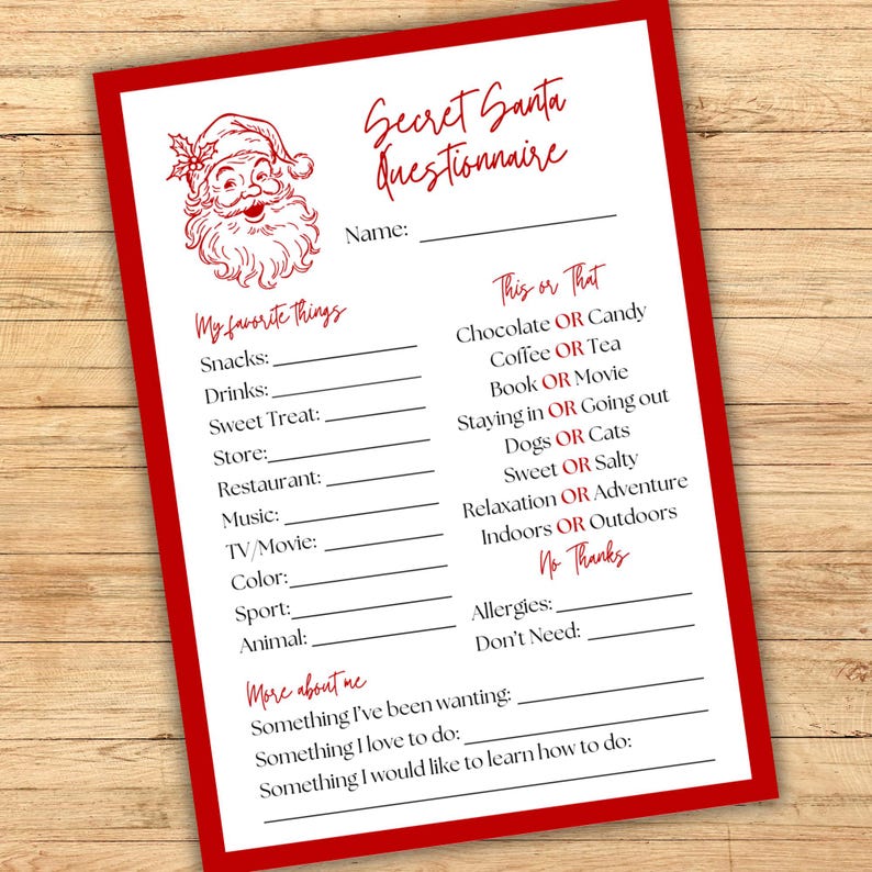 Secret Santa Questionnaire Printable Christmas Party Gift Exchange Secret Santa Questionnaire Printable Christmas Party Gift Exchange