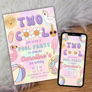 Pool Party Second Birthday Invite, Two Cool Pool Party Birthday Invitation, Summer Birthday Party Swimming, Retro Second Birthday Party