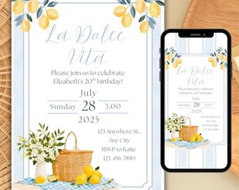 Faire-part d'anniversaire sur le thème de l'été italien, invitation La Dolce Vita, invitation d'anniversaire modifiable sur le thème du citron Amalfi, modèle de dîner