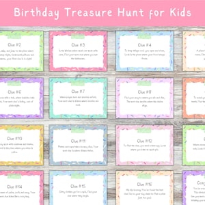 Juego de cumpleaños imprimible de pistas de búsqueda del tesoro en interiores, búsqueda del tesoro para niños, pistas de búsqueda del tesoro para niños pequeños, juegos de fiesta interiores