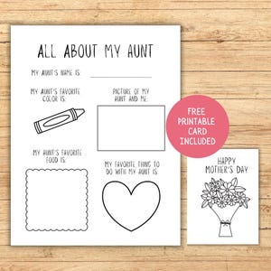 Cadeau fête des mères pour tante à imprimer, questionnaire Tout sur ma tante, carte à colorier pour tante, cadeau souvenir de dernière minute pour tante