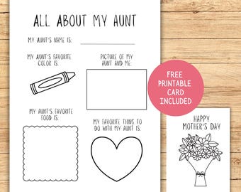 Regalo imprimible para el Día de la Madre para tía, Cuestionario "Todo sobre mi tía", Tarjeta para colorear para tía, Regalo de recuerdo de último minuto para tía