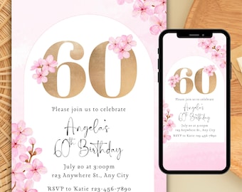 Florale Einladungsvorlage zum 60. Geburtstag: Pink & Gold (Digital)