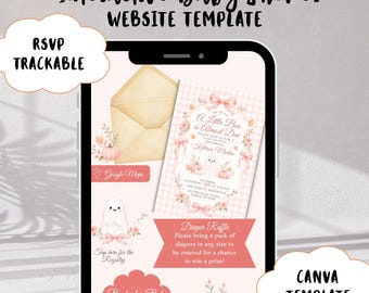 May include: A smartphone screen displaying an interactive baby shower website template with a pink gingham background, featuring a ghost illustration, floral accents, and text including A Little Boo is Almost Due and Diaper Raffle.