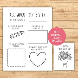 Muttertagsgeschenk für Schwester zum Ausdrucken, Alles über meine Schwester Fragebogen, Malkarte für Schwester, Last-Minute-Andenken für Schwester