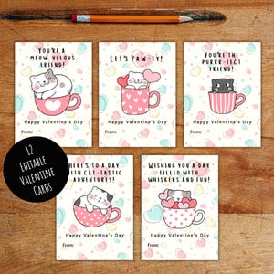 Carte de Saint-Valentin imprimable personnalisée chat, cartes de Saint-Valentin drôles de jeu de mots pour enfants, découpes imprimables de Saint-Valentin d'école de chaton pour étiquettes de classe