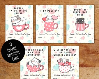 Custom Printable Cat Valentines Day Card, Funny Pun Valentine Cards for Kids, Kitten School Valentine Printable Cutouts for Classroom Tags