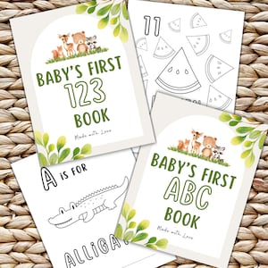 ABC 123 Livro para colorir Jogo de chá de bebê, Páginas para colorir do alfabeto para chá de bebê da floresta, Livro da primeira carta do bebê, Livro de visitas do chá de bebê