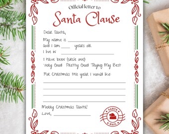 May include: A white letter to Santa Claus with red and green decorative borders. The letter includes fill-in-the-blank sections for the child's name, age, and Christmas wishes. A Santa Mail stamp is in the lower right corner.