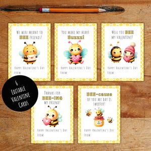 Printable Cute Bee Valentine Cards for Kids, Custom Bumble Bee School Valentines Tags, Honey Bee Valentine&#39;s Day Cards for Classroom