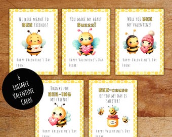 Printable Cute Bee Valentine Cards for Kids, Custom Bumble Bee School Valentines Tags, Honey Bee Valentine's Day Cards for Classroom