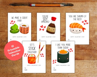 Sushi Valentines Cards Printable, Sushi Pun Valentine's Day Cards, Sushi School Classroom Valentine Printable Tags, Funny Favor Cards