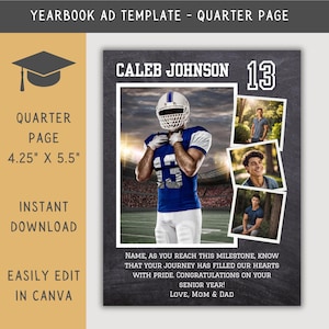 Quarter Page Senior Yearbook Ad Template Football, Editable Yearbook Ad Layout, Custom Graduation Tribute, Personalized School Ad