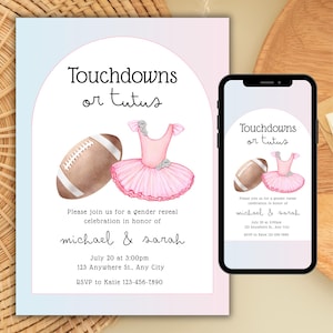 Invito per rivelare il sesso del bambino a Touchdowns o Tutus: modello Canva modificabile (invito digitale)