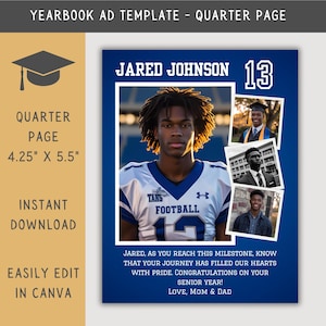 Quarter Page Senior Yearbook Ad Template Football, Editable Yearbook Ad Layout, Custom Graduation Tribute, Personalized School Ad