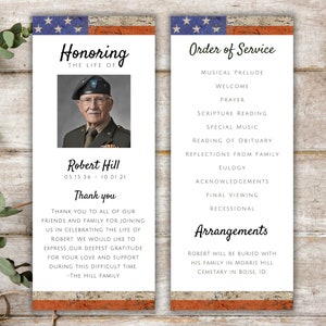 Veteran Funeral Program Template, Printable Funeral Template American Flag Program, Double Sided Editable Patriotic Celebration of Life