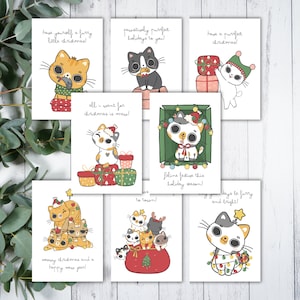 Cartes de Noël imprimables drôles de chat, cartes de voeux de vacances de chat, paquet de carte de Noël, lot de 8 cartes de Noël, Noël de miaou