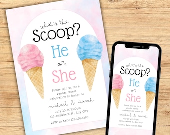 Was ist die Schaufel Gender Reveal Einladung Digital, Ice Cream Themed Gender Reveal Party einladen, Er oder Sie bearbeitbare Canva Vorlage Rosa Blau