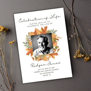 Invito per la celebrazione autunnale della vita, invito stampabile per funerale autunnale, annuncio per funerale autunnale, modello modificabile per funerale floreale autunnale