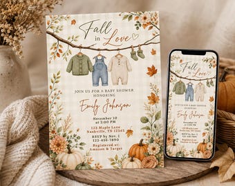Puede incluir: Una tarjeta de invitación rectangular para baby shower y un teléfono inteligente que muestra el mismo diseño. La invitación presenta el texto Fall in Love, una rama con ropa de bebé colgada, hojas de otoño, calabazas y detalles del evento.