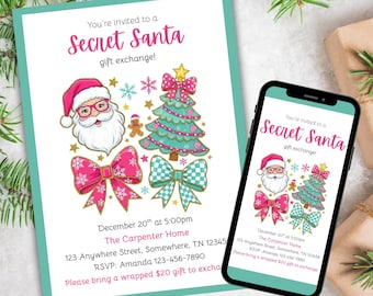 Pode incluir: Um convite para Secret Santa com tema natalino e borda turquesa. O design apresenta o Papai Noel, uma árvore de Natal, laços e flocos de neve. O texto diz "Você está convidado(a) para uma troca de presentes de Secret Santa!" e inclui detalhes do evento.